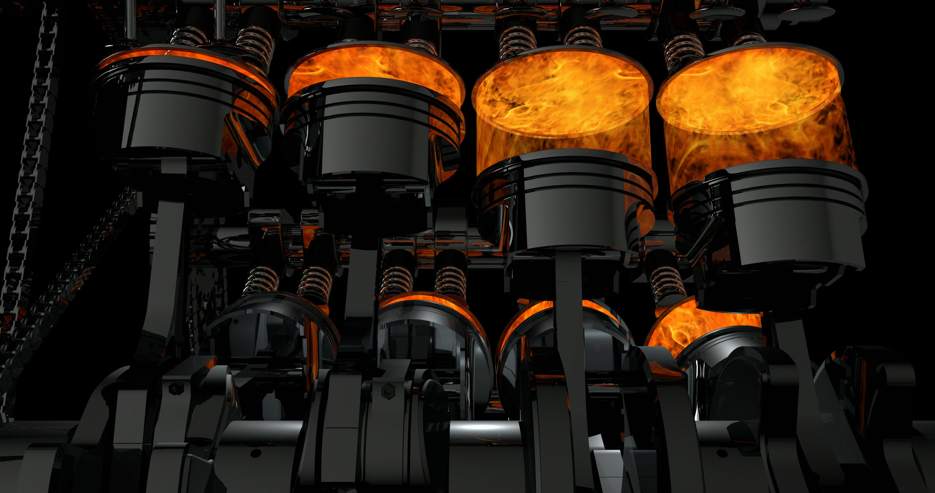 3D model pracujúceho motora V8. Piesty a iné mechanické časti sú v pohybe.