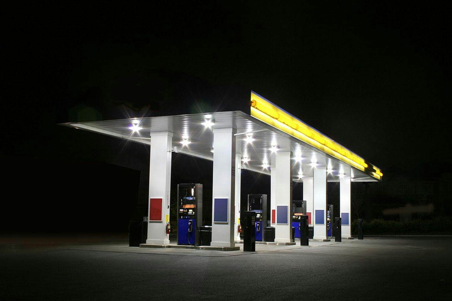 gas station, night time, night